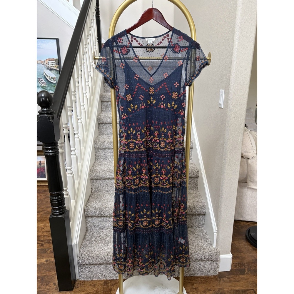 Sundance Embroidered Blue Mesh Floral Maxi Dress Boho Romantic Fairy Dainty S